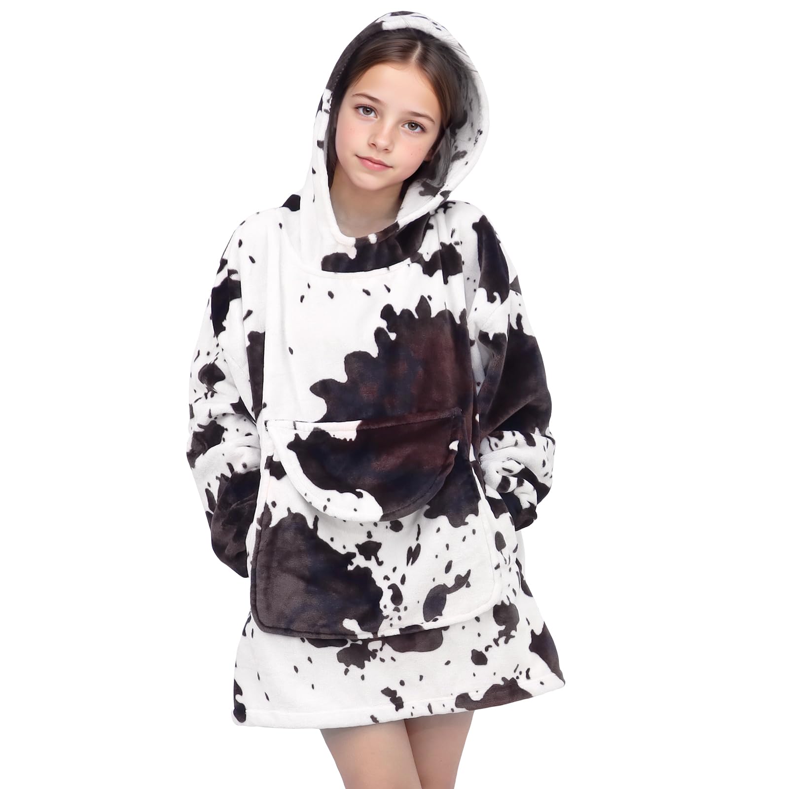 Cow Print Wearable Blanket Hoodie Cozy Soft Brown And White Oversize Sweatshirt Blanket Hoodies Gifts For Teens Girls Boys 6-13